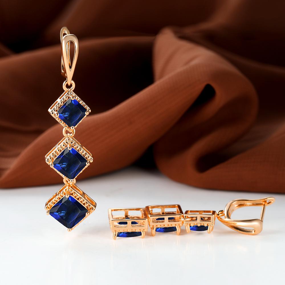 Длинные висячие серьги-крючки с синим камнем принцессы, цвет серебра, желтого золота, квадратной огранки, кольцо для невесты, обручальные украшения