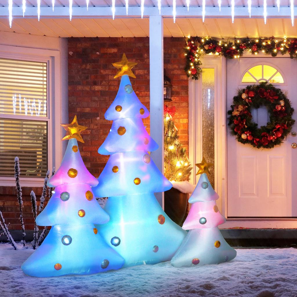 Set of 3 inflatable Christmas trees, including blower, for indoor and outdoor use, including mounting hardware, white and gold