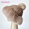 SOMALER Natural Mink Fur Hats for Women Winter Fox Fur Caps with Pompom Fashion Style Beanie for Ladies