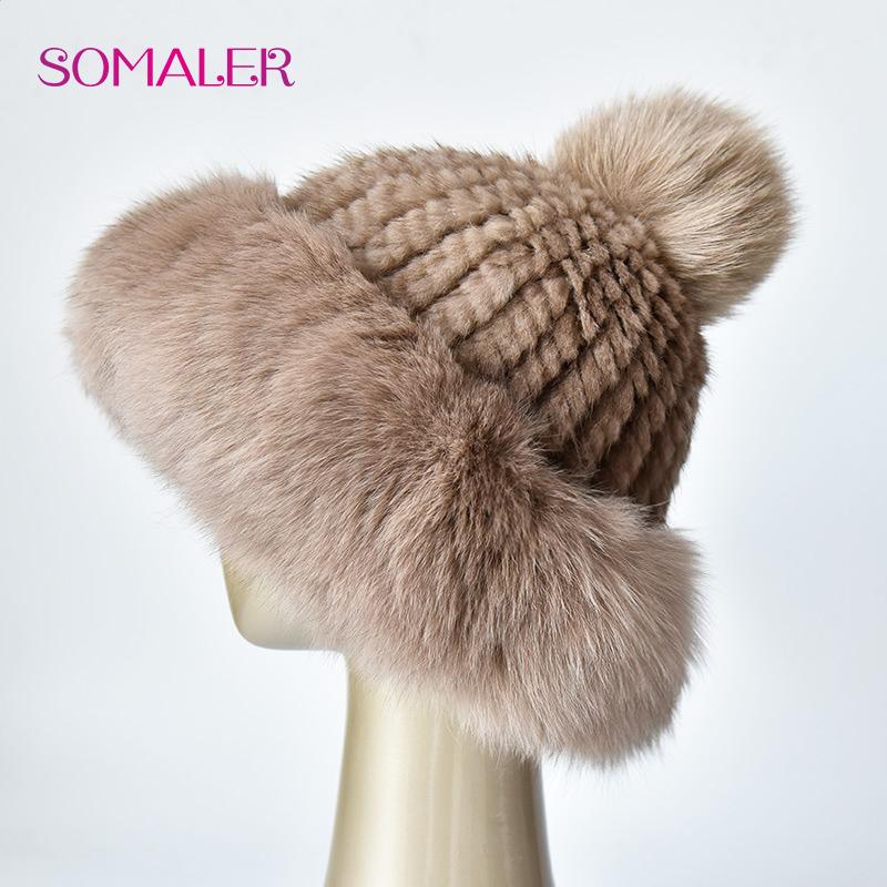 SOMALER Natural Mink Fur Hats for Women Winter Fox Fur Caps with Pompom Fashion Style Beanie for Ladies