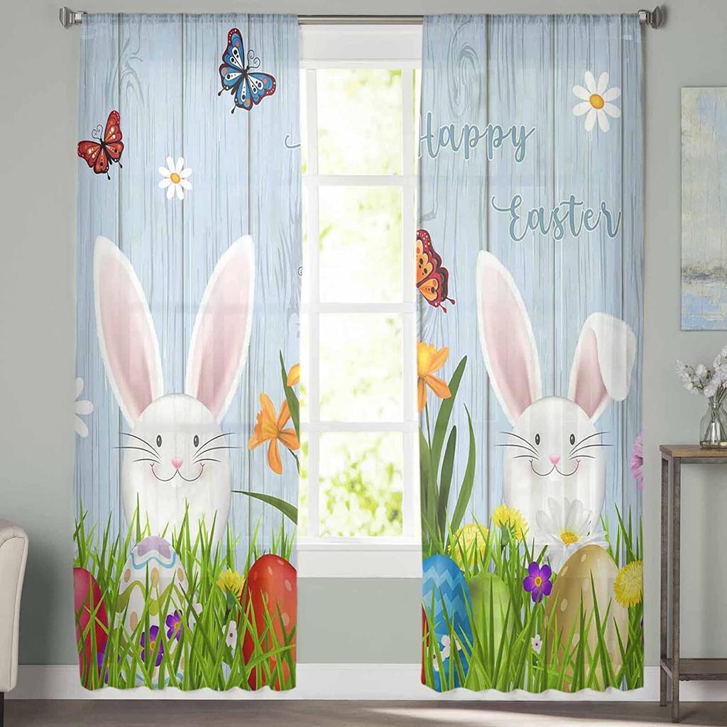 Easter Window Sheer Curtains for Bedroom Living Room Easter Egg Easter Bunny Spring Flower Chiffon Voile Sheer Drapes Curtain