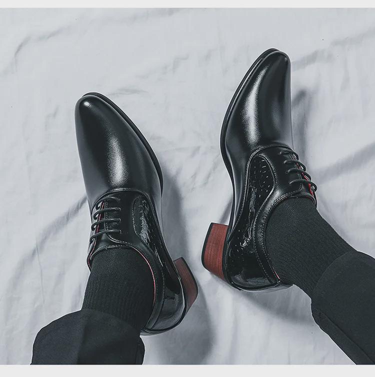 Мужские туфли на высоком каблуке с большим острым носком из кожи — корейско-британский стиль, повседневная деловая обувь, увеличивающая рост свадебная обувь