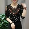 Women's Spring and Summer Lace Dot Long Sleeve Large Size Loose Top Large Size Mesh Long Sleeve