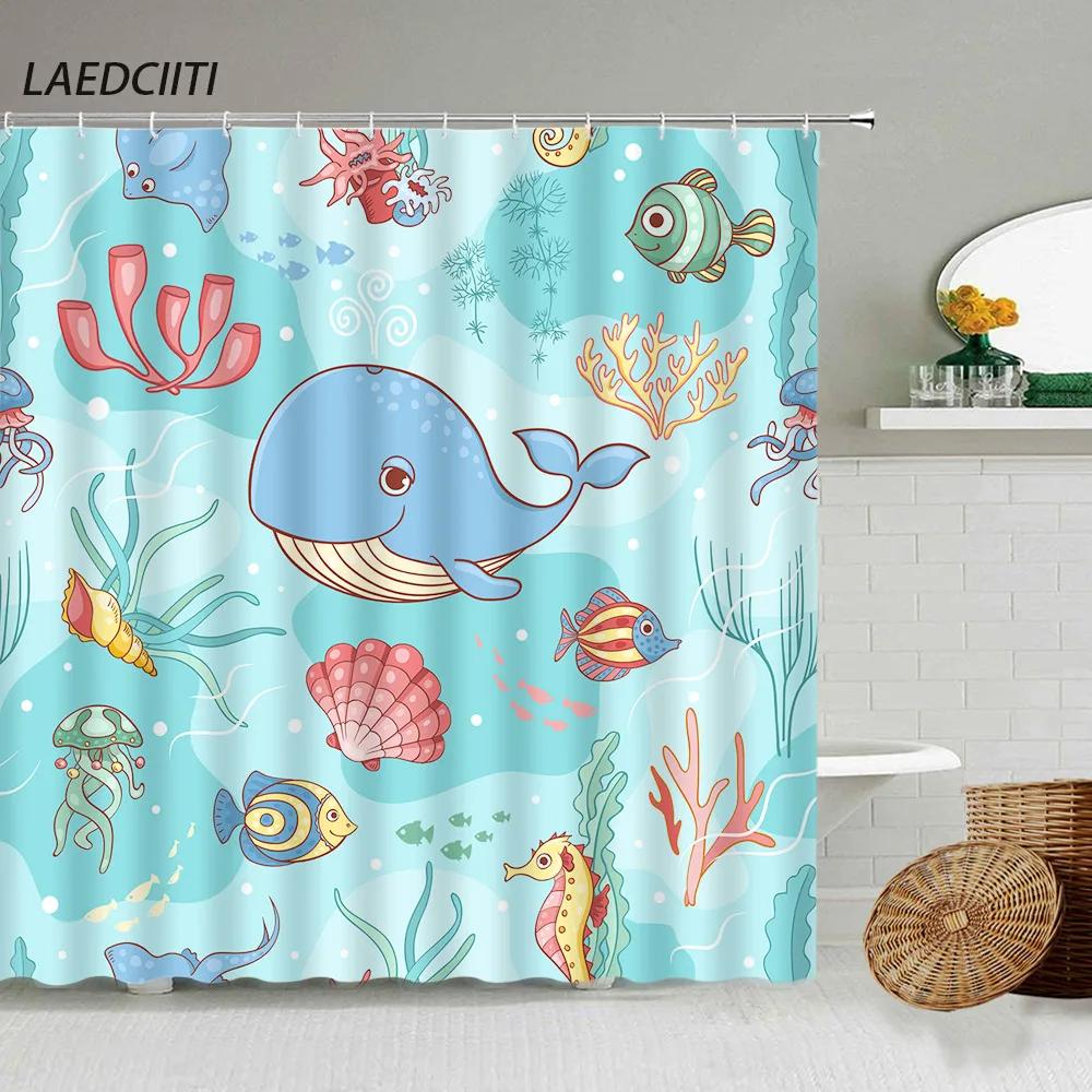Cartoon Hand-Painted Animal Shower Curtain, Cat, Bird, Rabbit, Plant, Flower, Child Bathroom Decor With Hook