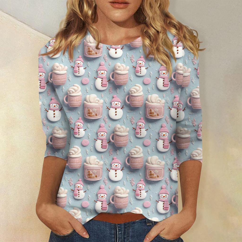 Женская модная повседневная футболка с рукавом три четверти и рождественским принтом, с круглым вырезом