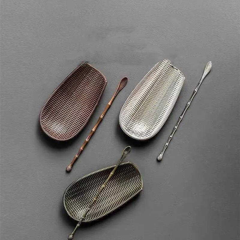 Alloy Bamboo Weaving Shape Tea Shovel Spoons Set Handmade Dustpan Shape Tea Trays Teaspoon Separator Vessel Teaware Accessories