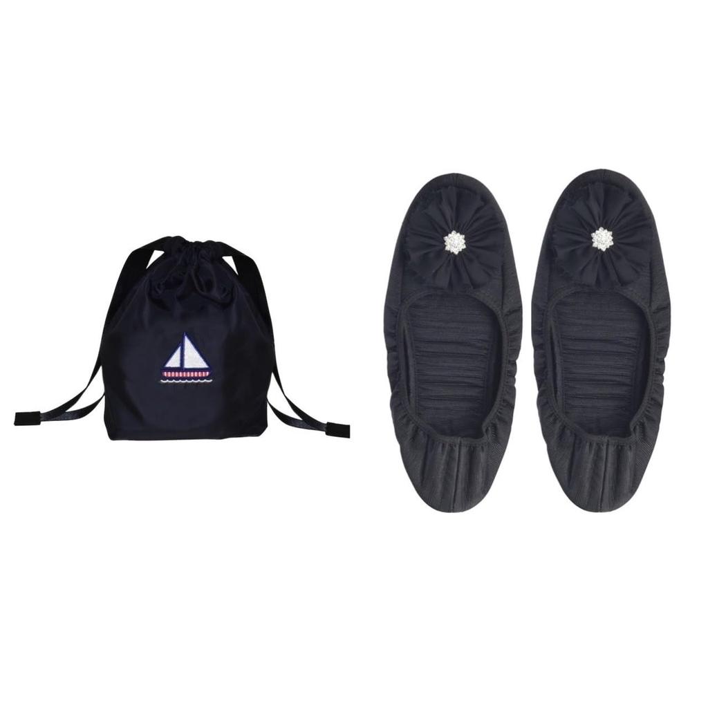 Angel Smile Royal School Grosgrain Portable Slippers Yacht Pattern Embroidered Navy Drawstring Bag Set RSSL2022004 Large (Jewel Black) (Size L) &