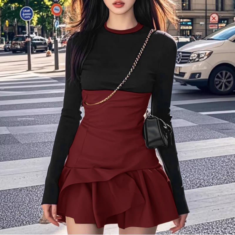 VONDA Женские повседневные платья с круглым вырезом и контрастным цветом, с длинным рукавом, обтягивающие, плиссированные