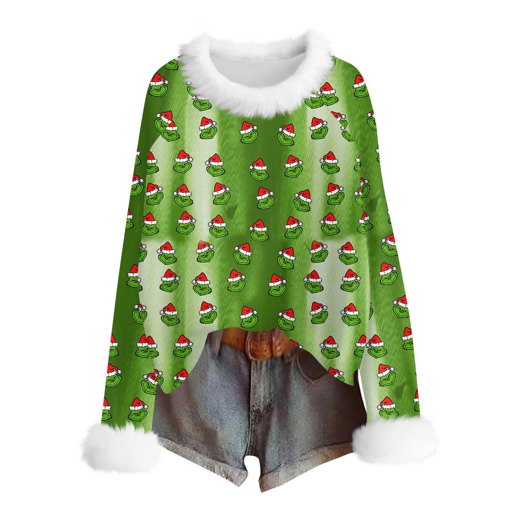 Женская модная рождественская футболка с принтом, круглым вырезом и длинными рукавами, повседневный пуловер