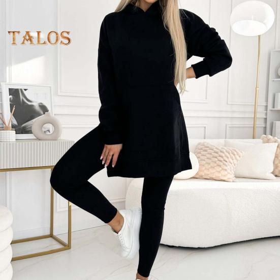 Комплект из 2 предметов: топ и брюки, длинный рукав, капюшон, разрез, толстовка с капюшоном, эластичная талия, облегающие брюки, спортивный костюм для фитнеса, повседневная домашняя одежда для школы