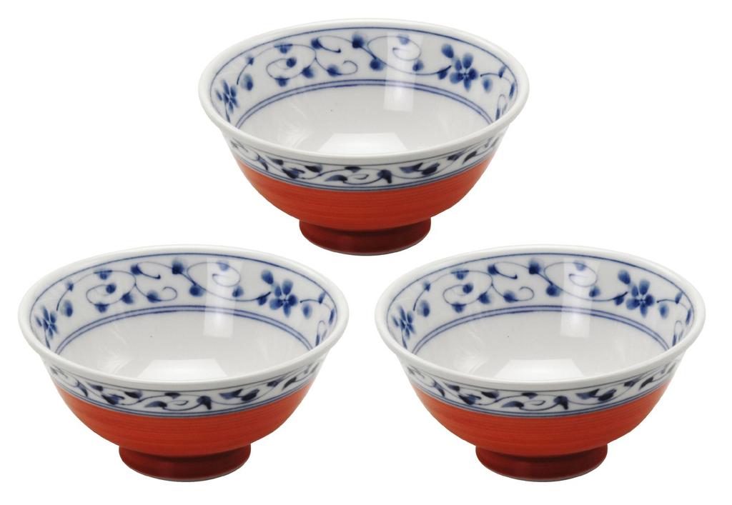 Mino Ware легкая чаша для риса, чайная чаша, набор из 3 шт., ярко-красная арабеска, прибл.. Диаметр 12,5 x Высота 6 см, Набор столовых приборов, Керамика, Микроволновая печь,