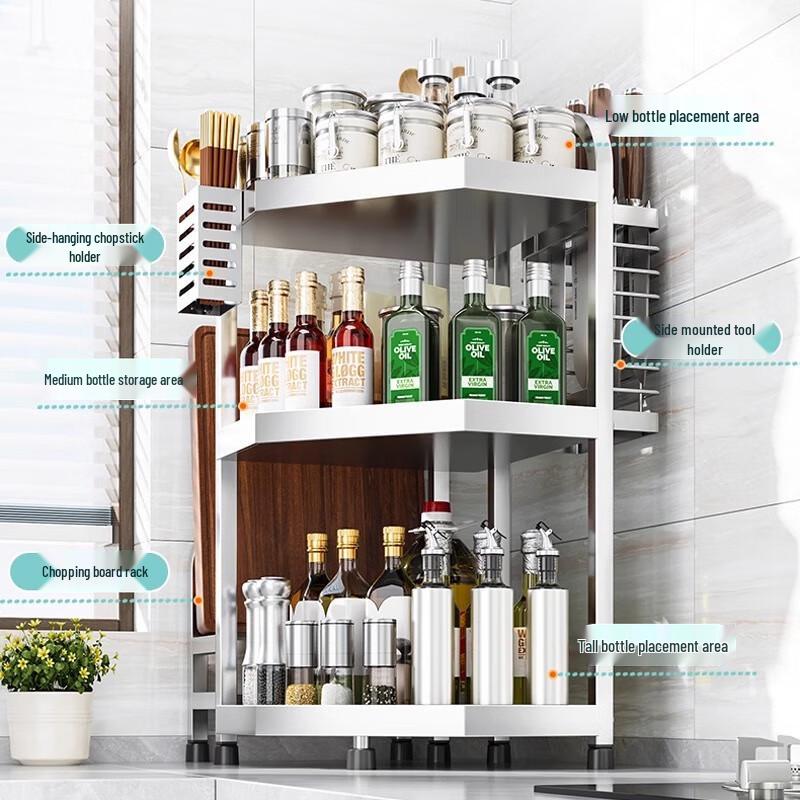 Stainless Steel 3-Tier Kitchen Corner Storage Rack with Utensil Holders