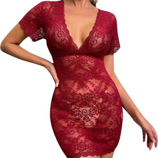 Женское ночное платье-футляр с тонким прозрачным кружевом с тонким коротким рукавом и глубоким вырезом с V-образным вырезом и цветком