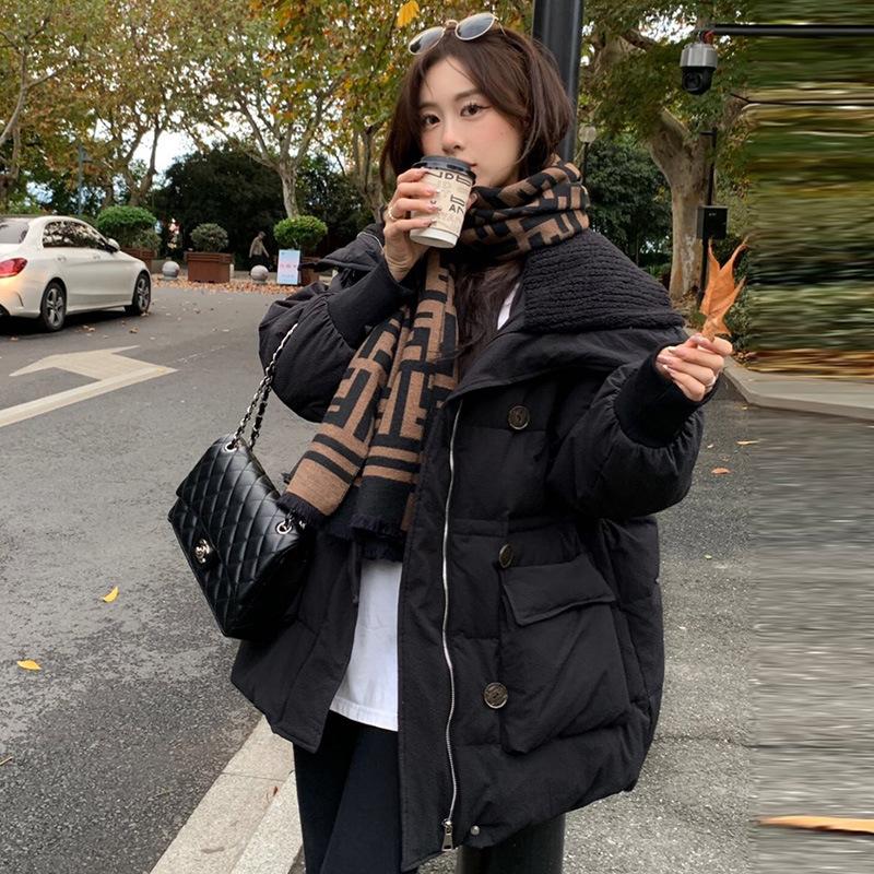 Женский пуховик средней и длинной длины с отворотами из овечьего пуха 2024 года, модное зимнее тонкое теплое маленькое пальто прилив