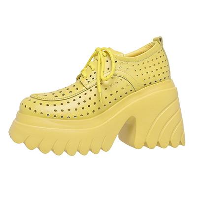 Весенняя обувь из коровьей кожи с круглым носком на толстом высоком каблуке, лоферы, повседневные женские туфли-лодочки на шнуровке с полыми украшениями