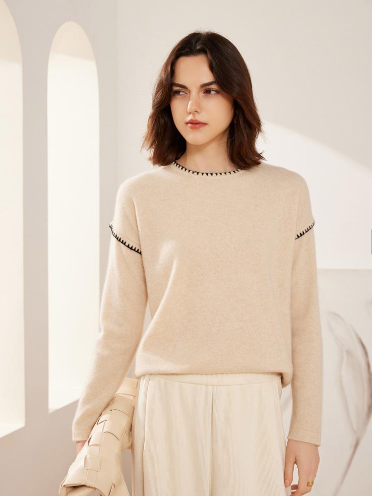 Autumn/Winter 100% Cashmere Versatile Clip-Edge Round Neck Sweater