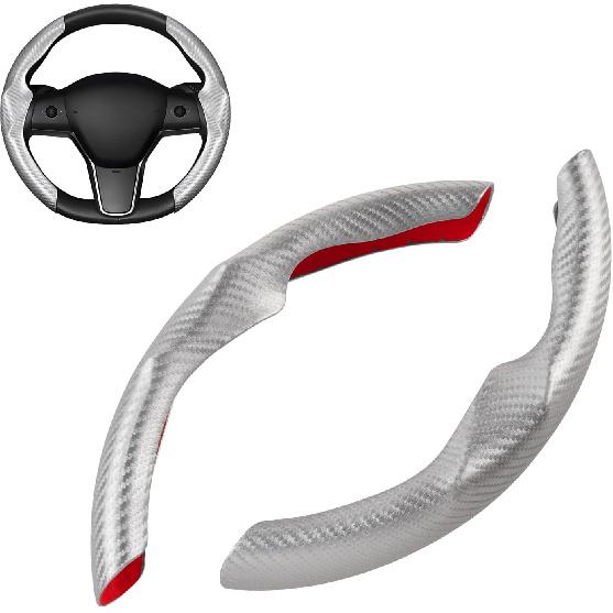 Silver Steering Wheel Cover For Tesla Model 3/Y 2016-2025 2026 Juniper/Highland | Non-Slip, Segmented, -Fit, Carbon Fiber | Model Y Juniper