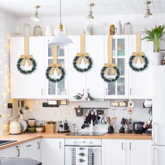 Mini Christmas Cabinet Wreaths 5.1 Inch Small Kitchen Xmas Decor with Red Ribbon Bow Plastic Rattan Fabric Window Door Office Holiday Decoration