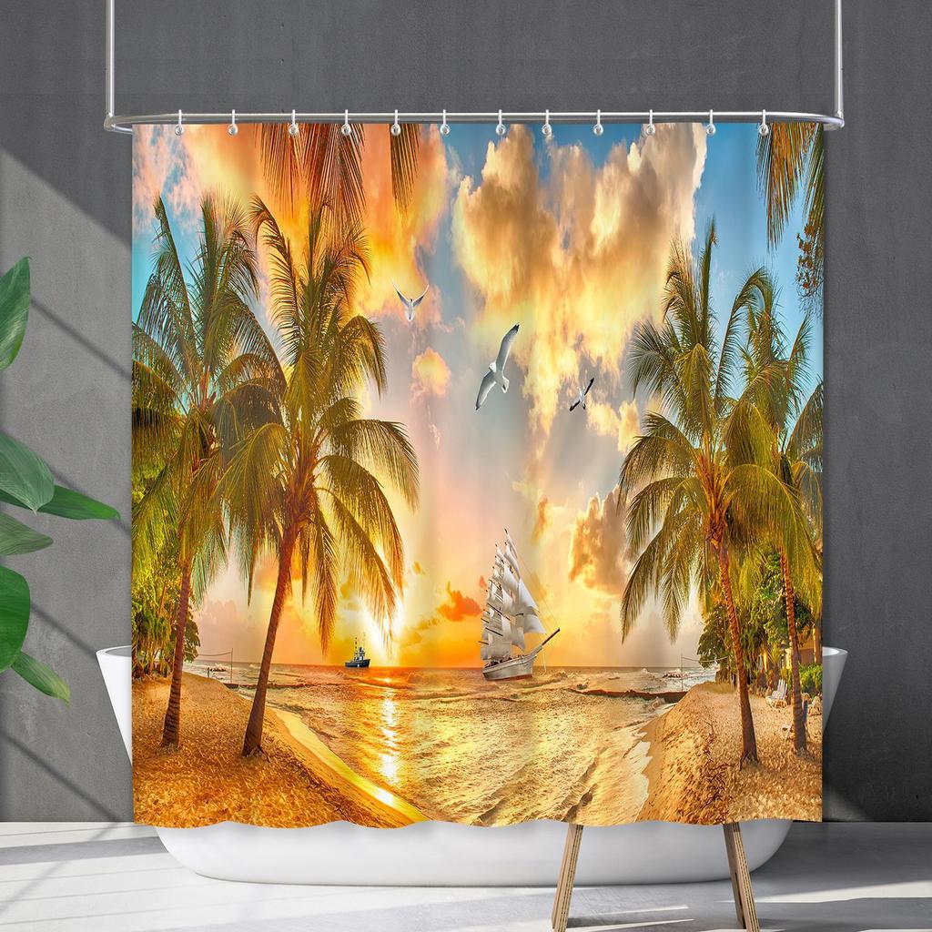 Shower Curtain Waterproof And Mildew-Proof Coconut Tree Beach Beach Bathroom Shower Curtain Shower Curtain Partition Curtain Free Punching