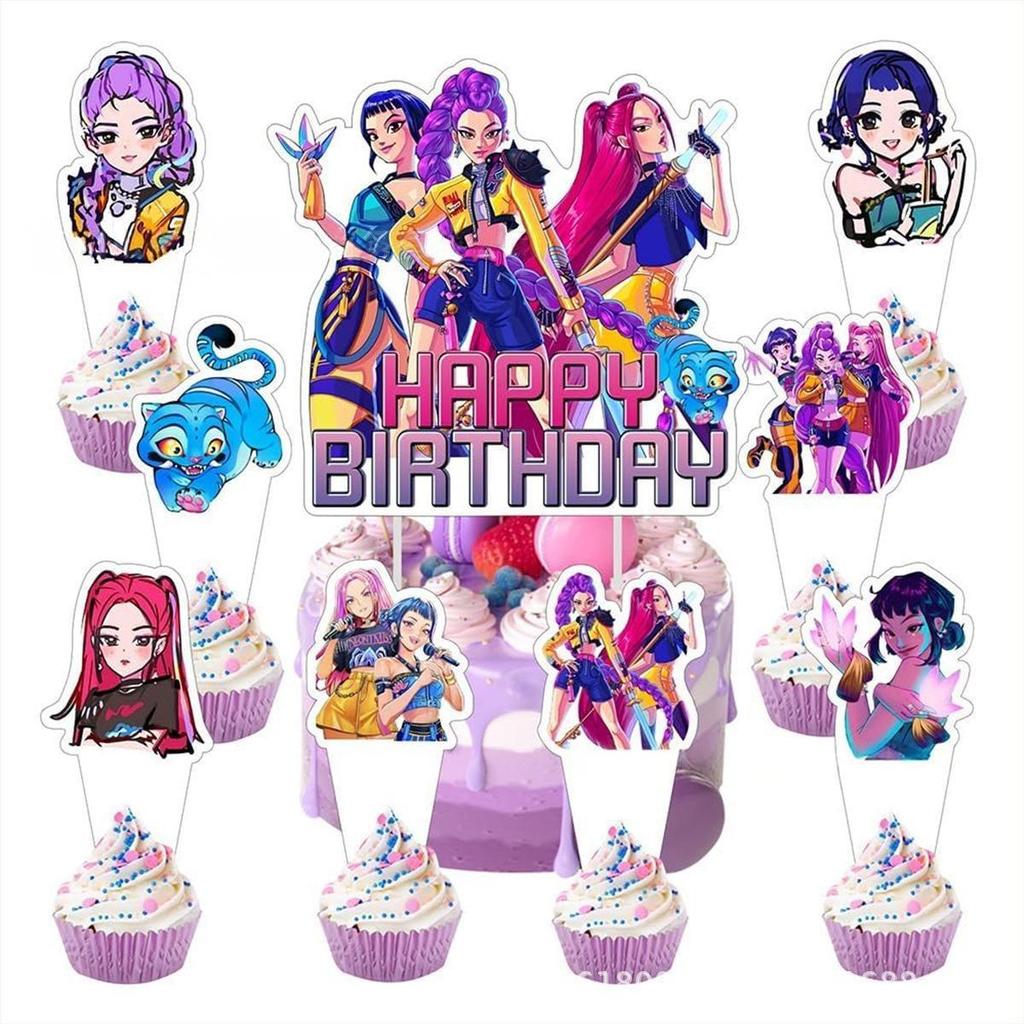 25pcs K-POP Demon Hunters Birthday Party Cake Decor Set Large & Small Toppers Wrappers and Picks for Kids Party Supplies
