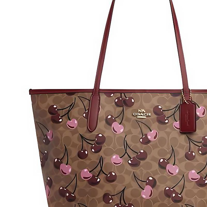 Coach City 33 Logo Cherry Print Faux Leather Tote Bag Women tote Brown Yellow CY691-IMTAM