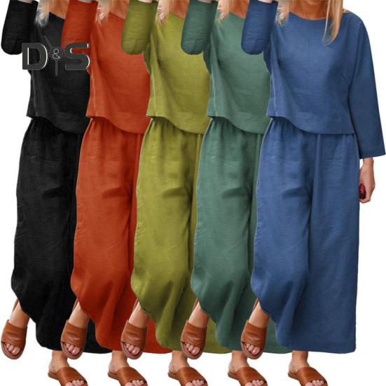 2 Pcs/Set Fall Spring Women Top Pants Set Long Sleeves Round Neck T-shirt Elastic Waist Trousers with Side Pockets OL Commuting Sport Pantsuit Outfit