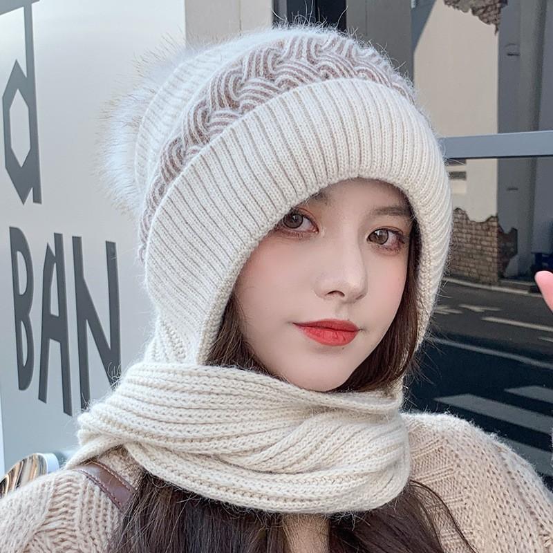 Hat Female Autumn and Winter Warm Knitted Wool Snow Hat Cycling Mother Fashion Ear Protection Headgear Scarf Integrated Hat