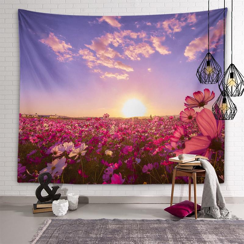 Sunset Flower Field View Tapestry Lotus Lavender Rose Flower Wall Art Tapestry Bedroom Dorm Room Aesthetics Home Decor