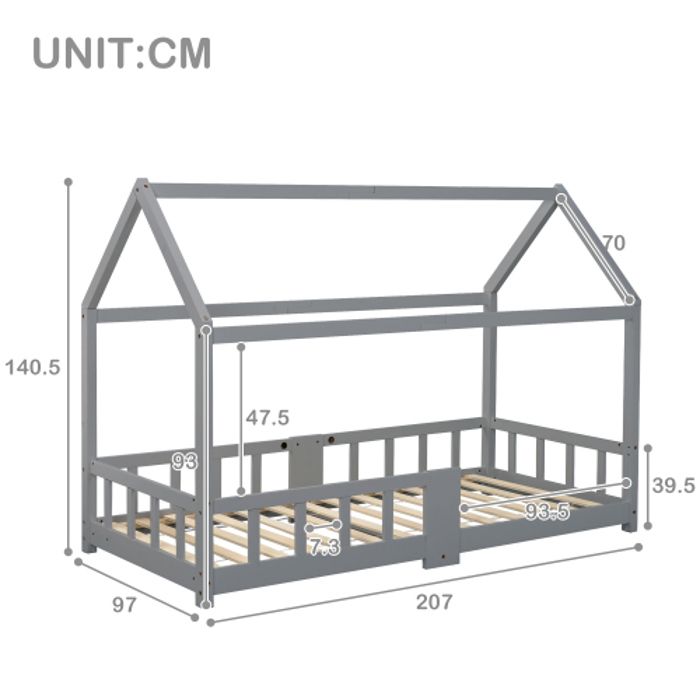 Lit d'appoint - MUVOE - 90 x 200 cm - Bois de pin gris - Avec sommier à lattes - Pour enfant