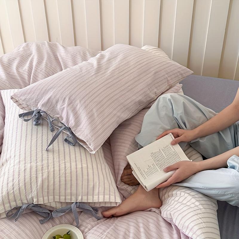 2 шт., Пара наволочек из 100% хлопка с бантом, Стандартный размер A, Светло-бежевый, Комфорт, приятный к коже, В полоску с бантом для декора, Подходит для гостиной