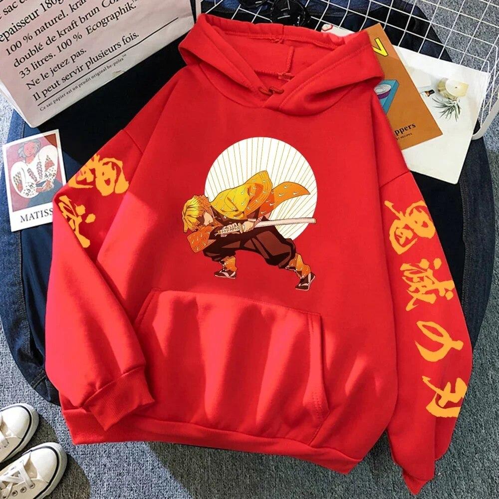 Толстовка с принтом Demon Slayer Agatsuma Zenitsu в стиле хип-хоп, свободная толстовка с капюшоном, повседневная флисовая толстовка в стиле Харадзюку, топы с круглым вырезом, толстовки