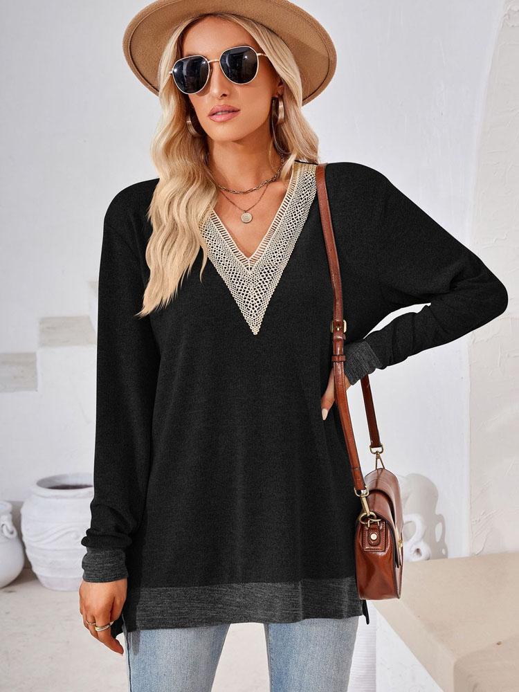 Элегантная и классическая универсальная и удобная осенне-зимняя свободная однотонная футболка с V-образным вырезом и кружевом, женская футболка с длинным рукавом