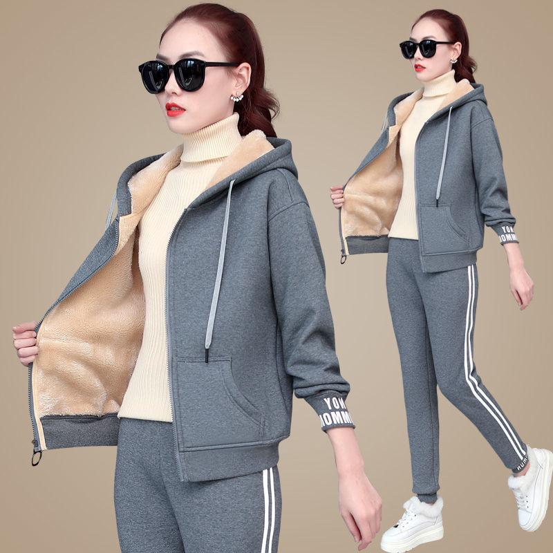 Lamb Fleece Sweater Suit Women's Autumn and Winter Casual Plus Velvet Thickened Sportswear Winter Two-piece Women's Clothing