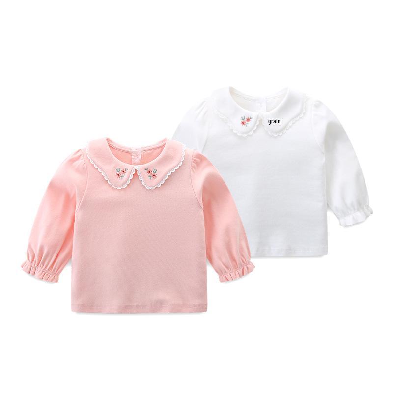 Autumn 2025 Toddler Girl Solid Color Embroidered Long Sleeve Korean Top