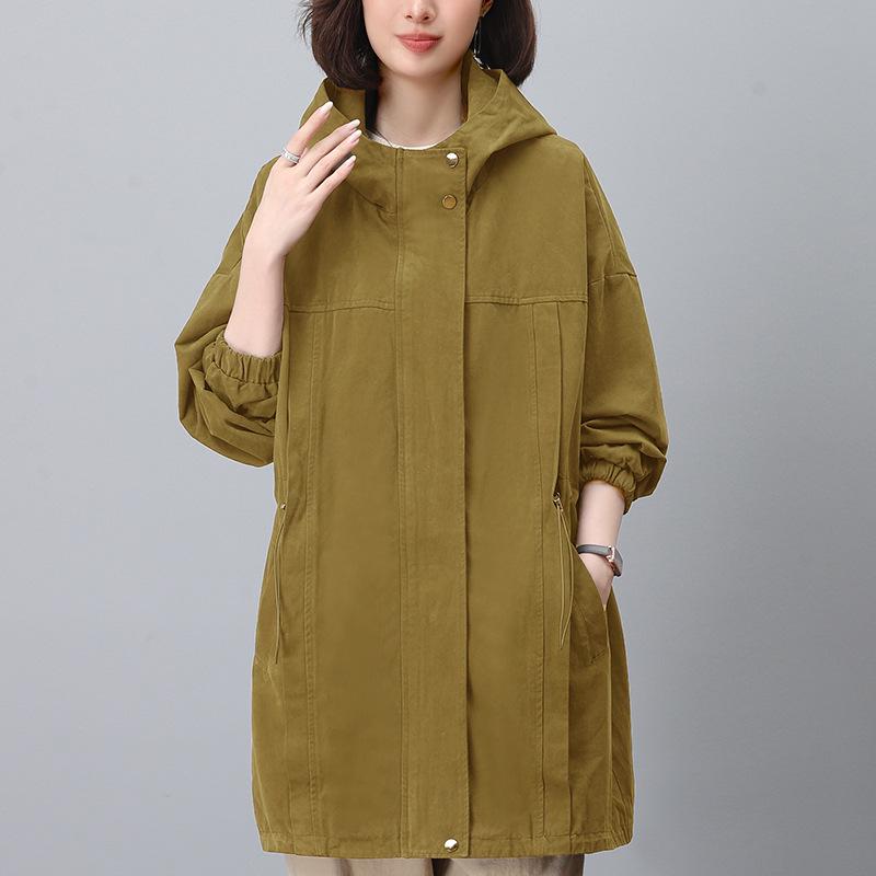 Women's Mid-Length Hooded Trench Coat, Spring/Autumn 2024: Pure Cotton, Long-Sleeve, Casual Workwear, Slimming Plus Size.