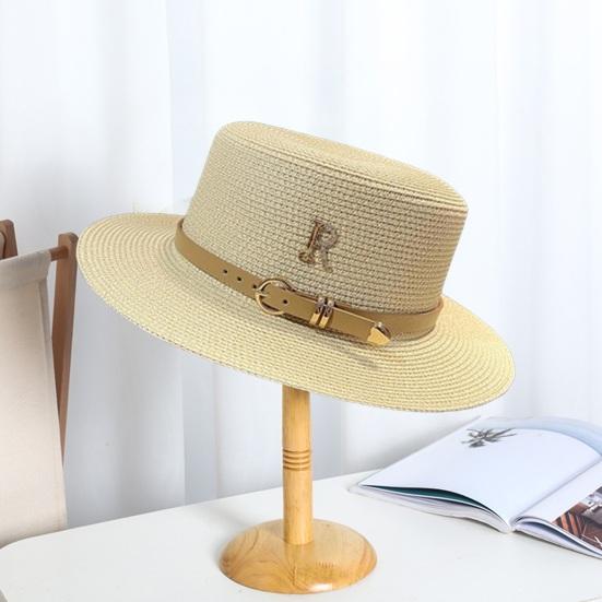 Women Sumemr Belt Letter Decor Rhinestone Flat Top Round Brim Retro English Style Solid Color Lightweight Vacation Beach Cap