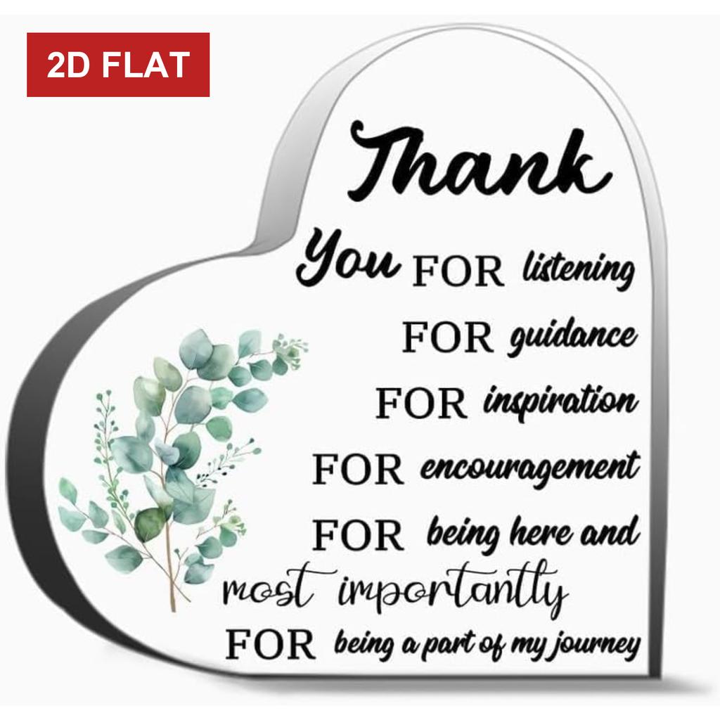 2D Flat, Heart-Shaped Thank You Gift with Elegant Cursive Lettering & Eucalyptus Leaf Design - 2D Flat Appreciation Plaque for Women, Men, Coworkers -