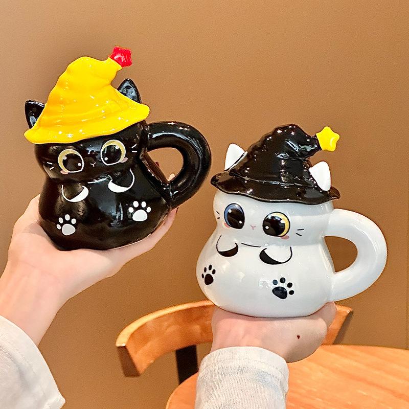 Halloween Magic Hat Cat Water Cup Ceramic Mug with Lid for Girl Girlfriend Birthday Gift Gift Box
