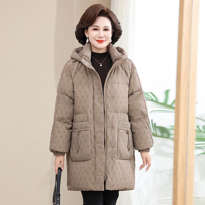 Пуховик женский средней длины, новый стиль, одежда для мам среднего и пожилого возраста, утолщенный, большого размера, белый пуховик для женщин