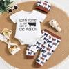 3pcs Baby Boy Letters Print Short Sleeve Cotton Bodysuit Casual Pants With Hat Clothing Set