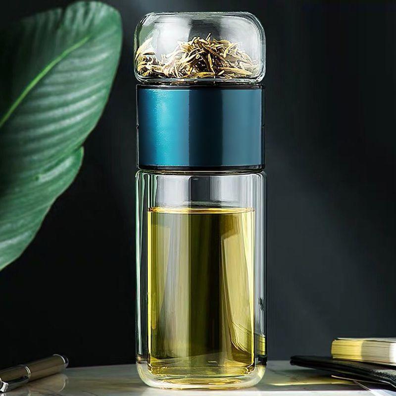 Tea-water separation bubble cup double-layer thickened insulated glass creative portable cup large capacity micro-insulation cup(Gold, 301-400ml)