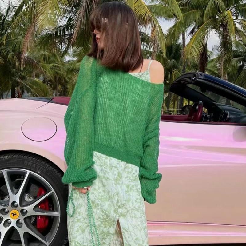 Женские вязаные свитера тонкие Прозрачные повседневные оверсайз свитер с длинным рукавом Леди сексуальный Ажурный Сетчатый Пуловер пляжные футболки