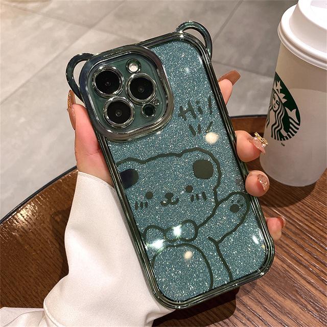 Cute 3d Cartoon Plating Bear Ear Glitter Transparent Case For Iphone 14 Pro Max 13 12 11 X Xs 8 7 Plus Armor Soft Silicone Cover