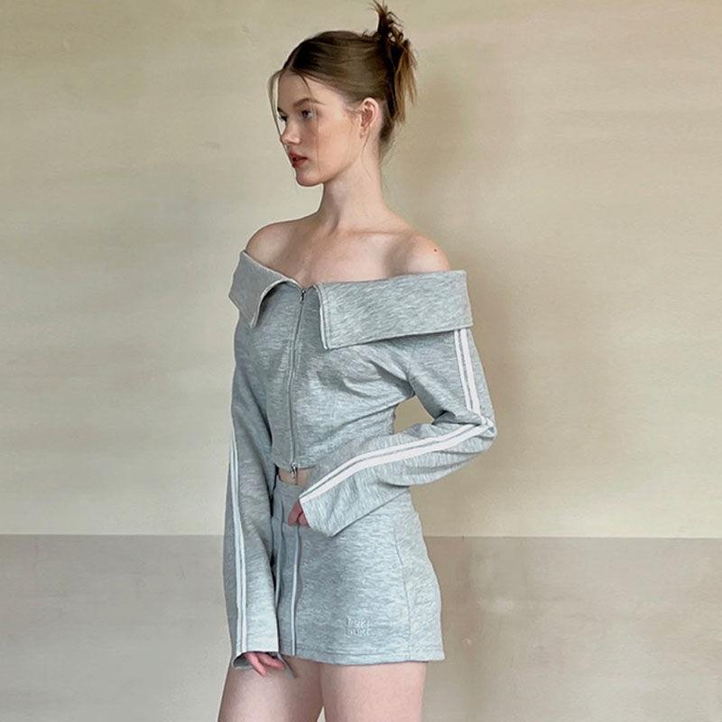 Сексуальная короткая толстовка на молнии в американском стиле ретро, ​​женская винтажная уличная одежда, модный тонкий свитшот на одно плечо, новинка осени