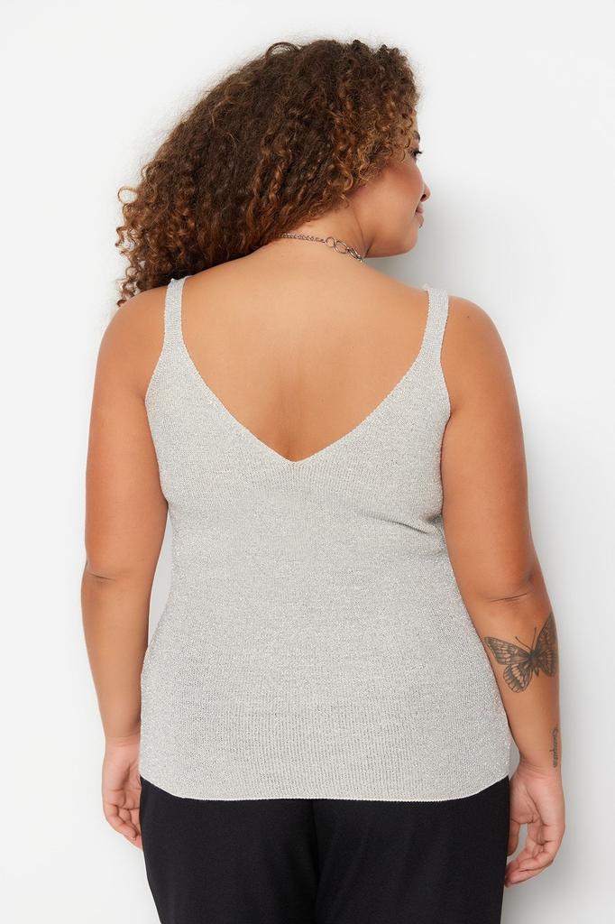 Women's Style Plus Size Gray Strappy Fine Knitted Glitter Blouse