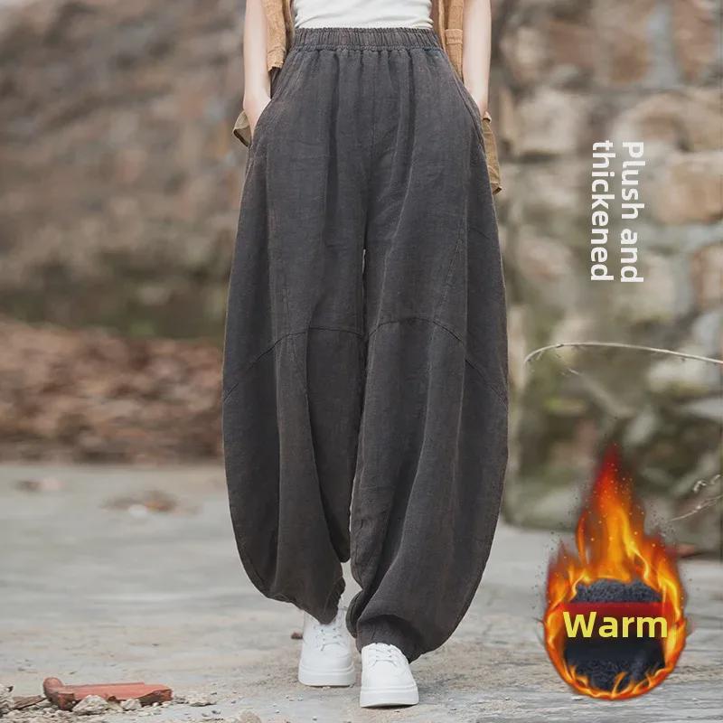 Шаровары из утолщенного бархата рами и хлопкового льна - Весна 25 Женские брюки для медитации