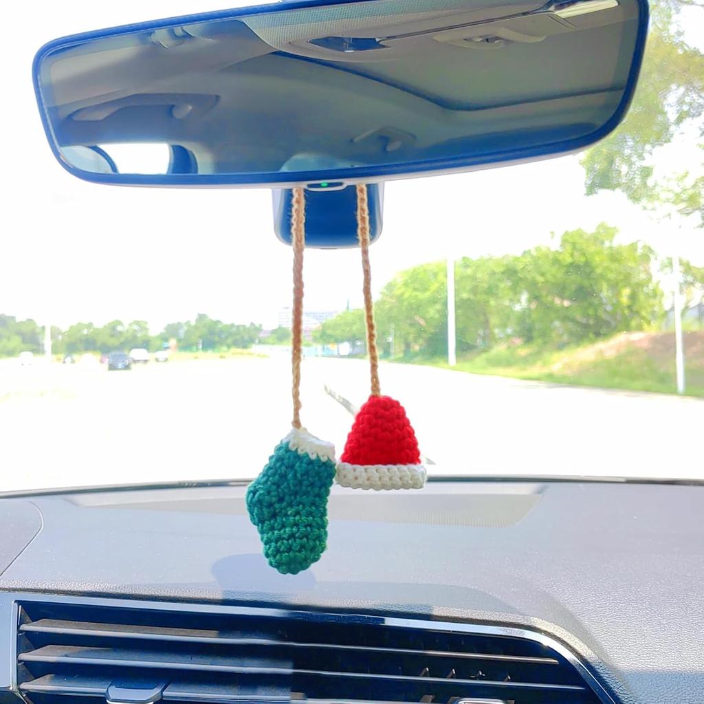 Handmade Hat and Stocking Rear View Mirror Accessories, Cute Crochet Decoration Car Mirror Hanging Accessories, Car Hanging Ornament and Bag Charm