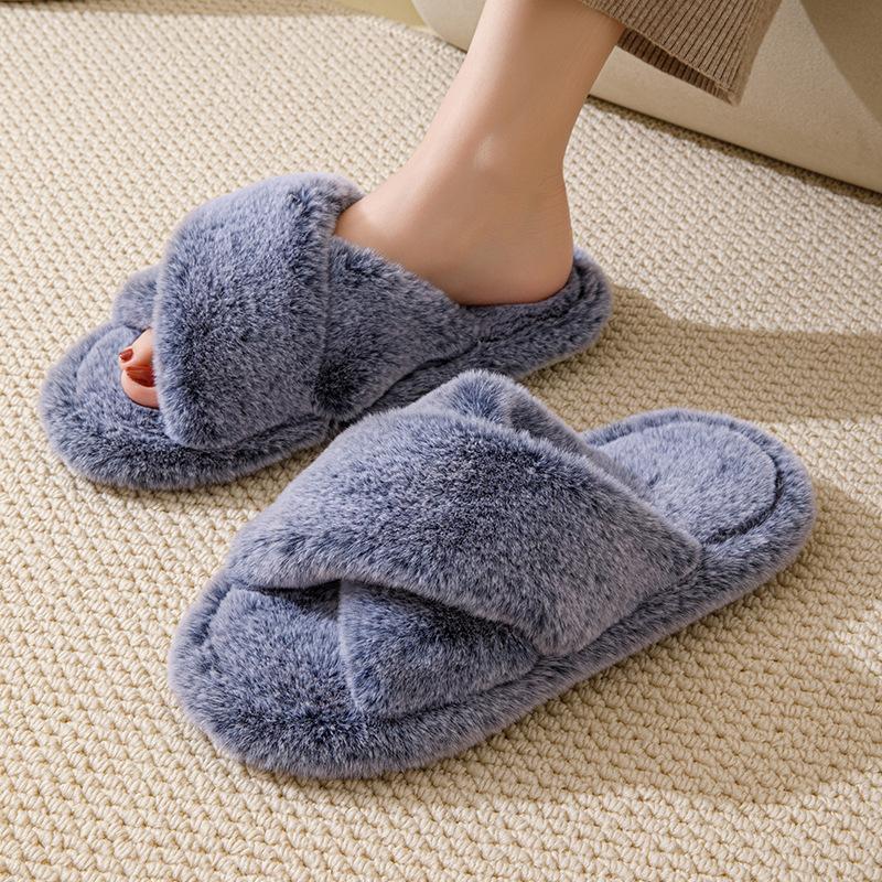 Элегантные мохнатые тапочки с перекрестным ремнем, плюшевые хлопковые тапочки, домашние открытые мохнатые тапочки, женская домашняя обувь, тапочки розового цвета