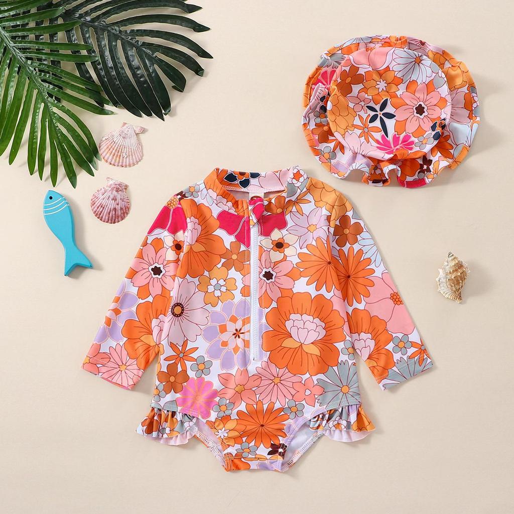 Children's Floral Long-Sleeve Swimsuit & Sun Hat Set - Quick-Dry, Sun Protection, Fashionable Beachwear for Girls