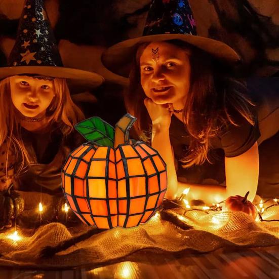 Витражный тыквенный фонарь ручной работы, тыквенная лампа на Хэллоуин, стеклянный декор «Звездная ночь», комнатное осеннее украшение